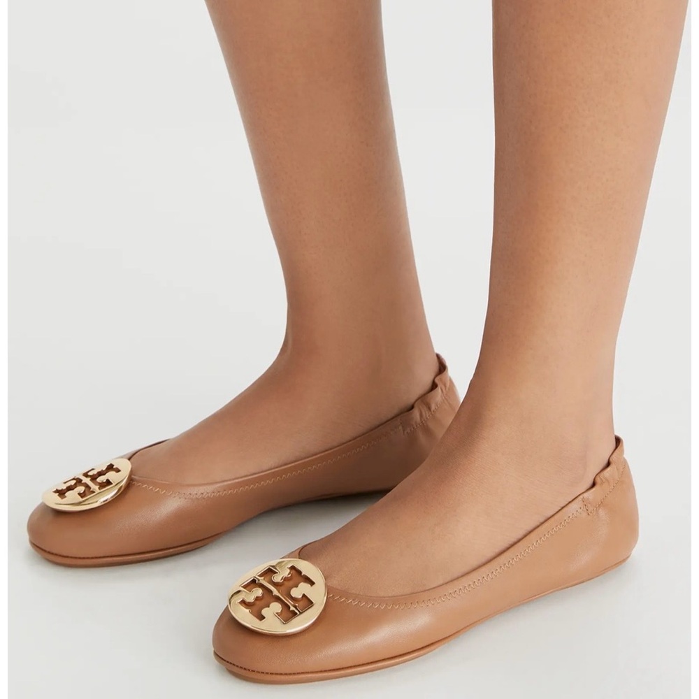 Tory Burch Minnie Travel Leather Ballet Flats in Camel